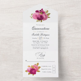 Quinceañera Floral Dourada e Rosa Quente