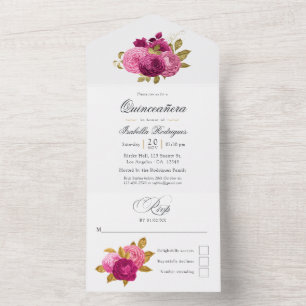 Quinceañera Floral Dourada e Rosa Quente