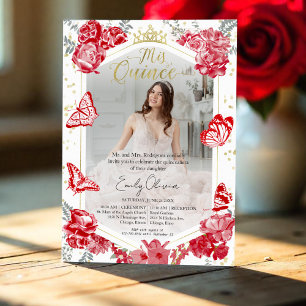 Quinceanera Foto Convite Foto Red Floral Gold Foil