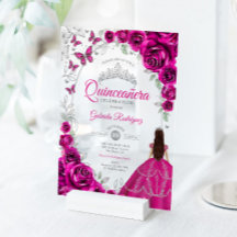 Quinceanera Fuchsia Pink Silver Floral