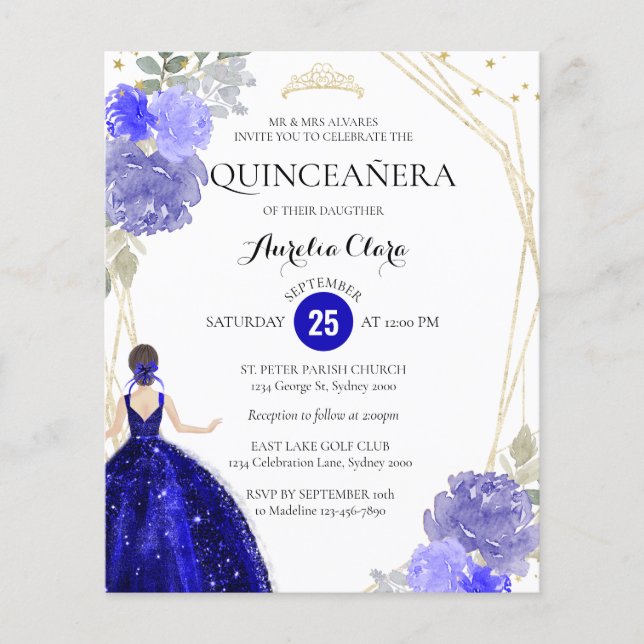 Quinceañera Geométrica Azul Floral Real (Frente)