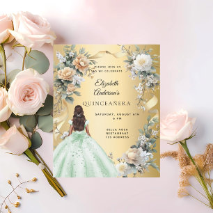 Quinceanera gold green dress floral convite