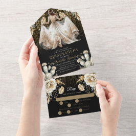 Quinceañera Luxo Preto Marfim Dourado rsvp