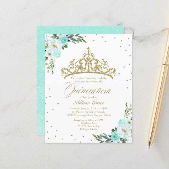 Quinceanera Orçamento Convite Dourado Tiara (Frente/Verso In Situ)