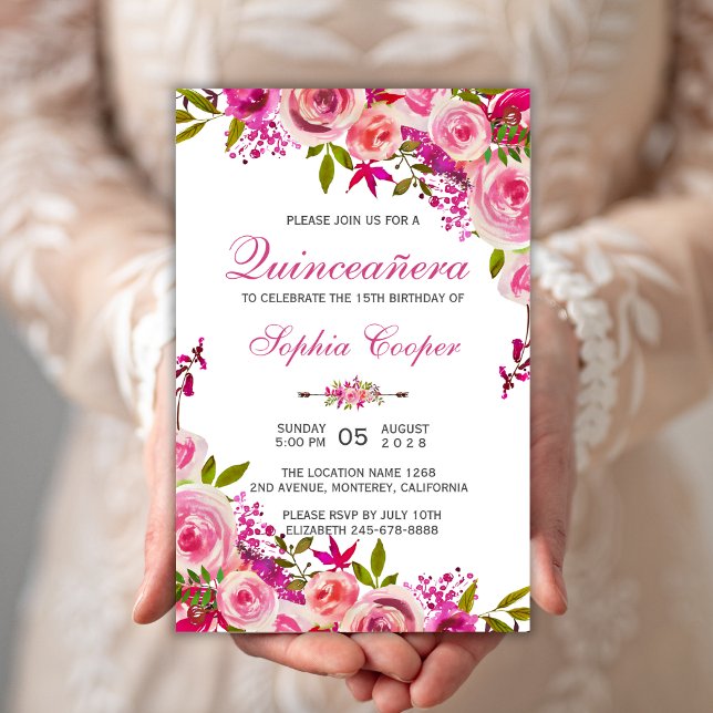 Quinceañera Pink Floral Mis Quince Anos Convite (Criador carregado)