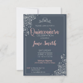 Quinceanera prateada azul elegante convite floral