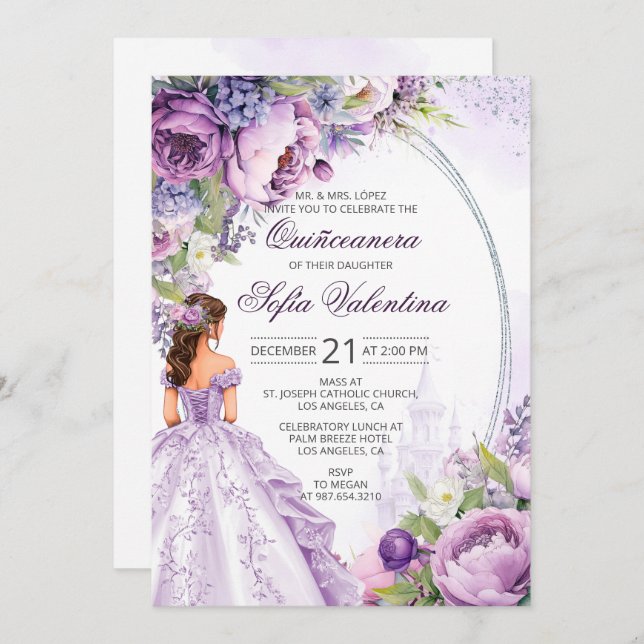 Quinceanera Purple Silver Convite Floral (Frente/Verso)