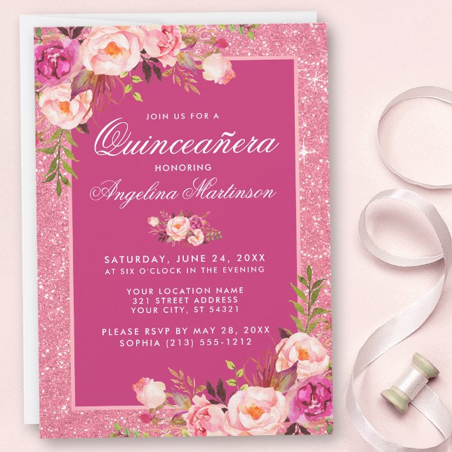 Quinceanera Quente-Rosa, Glitter Floral Convite (Customize to change text style or size.)