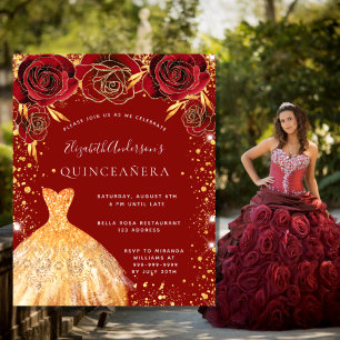 Quinceanera red gold dress floral