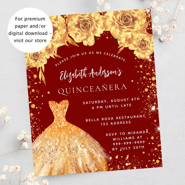 Quinceanera red gold rosa convite (Criador carregado)