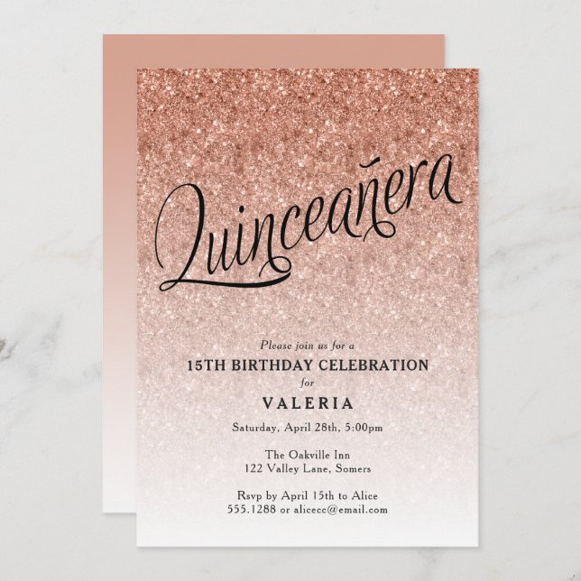 Quinceanera Rosa Dourada Glitter Convite de Aniver (Frente/Verso)
