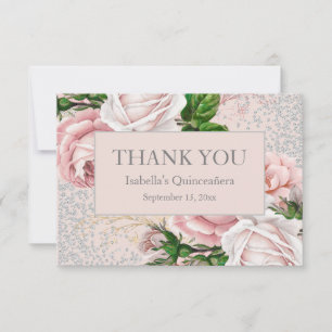 Quinceañera Rosa Floral Brilho Prata Agradecimento