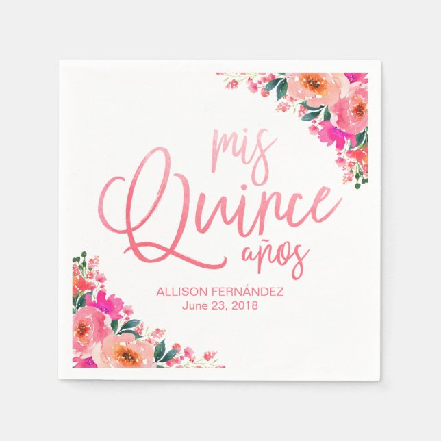Quinceanera, rosa quente, aquarela, guardanapos (Frente)