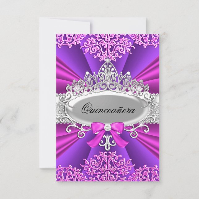 Quinceanera Rosa/Roxo, Tiara & Damask, Convite (Frente)