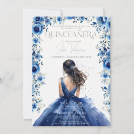 Quinceañera Royal Blue Floral Princess Convite