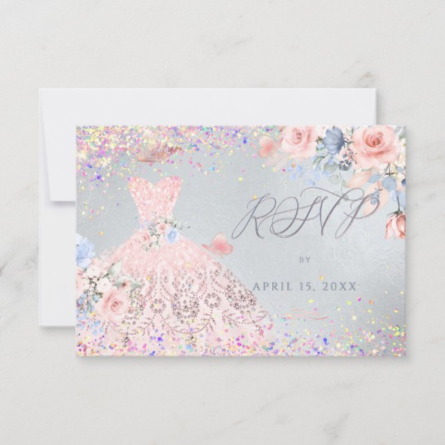 Quinceanera RSVP Blush Pin Glitter Convite (Frente)