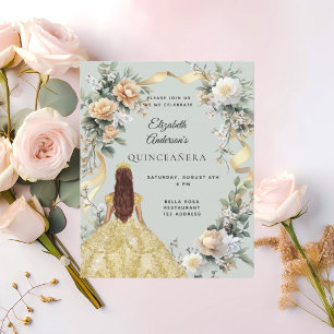 Quinceanera sage de ouro verde convite para rosas