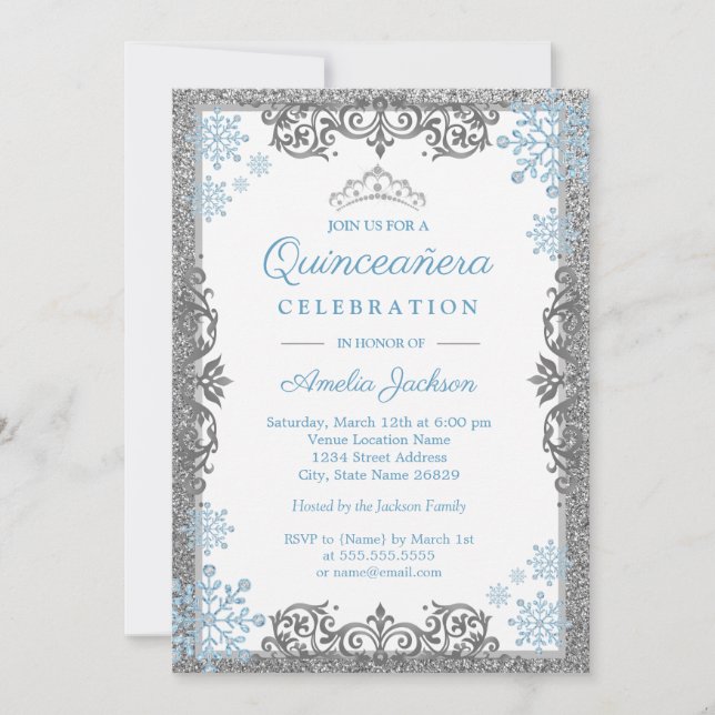 Quinceanera Silver Blue Sparkle Snowflake Convite (Frente)