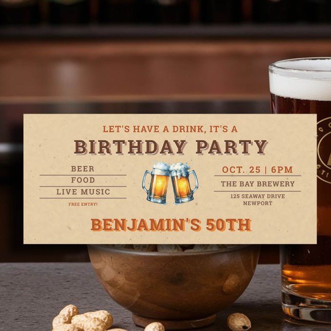 Quinto Aniversário do Homem de Cerveja (men's 50th birthday party invitation beer themed brewery backyard oktoberfest kraft rustic)