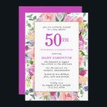 Quinto Convite de Aniversário, Cor-de-Rosa Púrpura<br><div class="desc">Flores coloridas lindas, combinadas, apresentam flores cor-de-rosa, roxa e amarela cremosa. A parte de trás do 50º convite de aniversário é roxo brilhante. Corresponde à 50ª que está escrita no mesmo roxo ousado. A celebração de aniversário e o nome do celebrante também são roxos. Folhas verdes brilhantes adicionam uma vibração...</div>