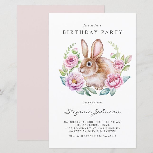 Rabbit and Pink Flowers Birthday Party Invitation (Frente/Verso)
