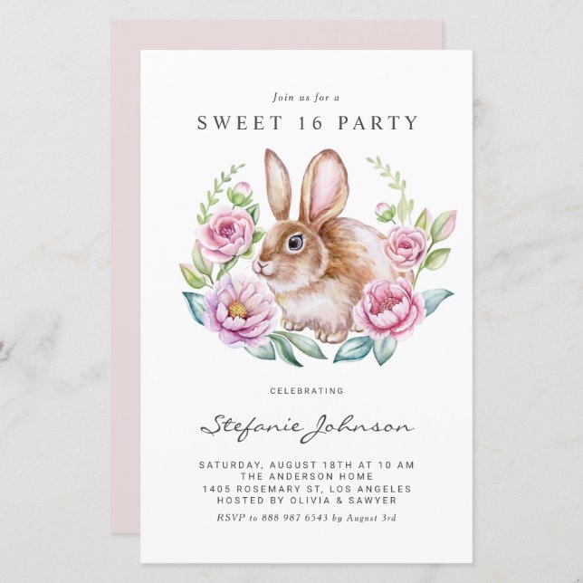 Rabbit and Pink Flowers Sweet 16 Party Invitation (Frente/Verso)