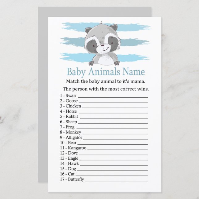 Raccoon Baby Animal Name Game (Frente/Verso)