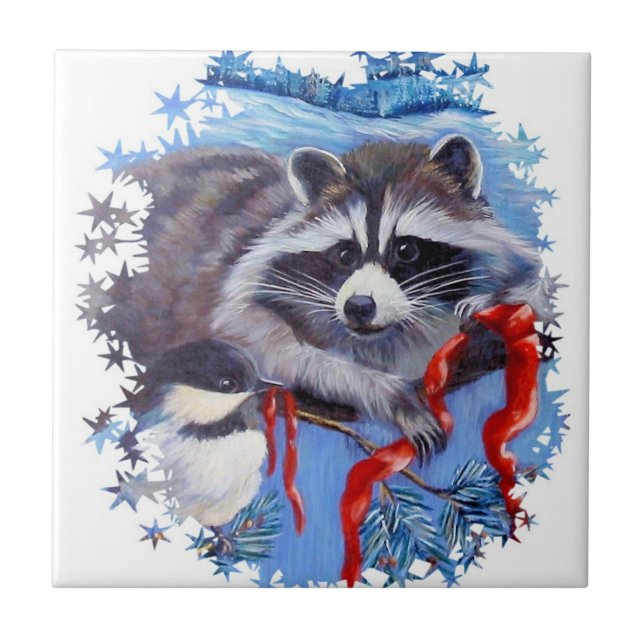 Raccoon e azulejo de cerâmica Chickadee Winter (Frente)