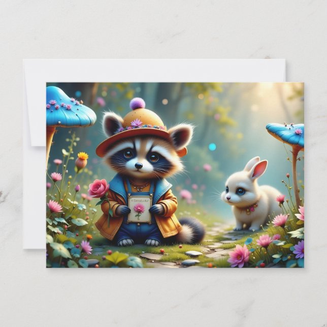 Raccoon e coelho com cartão de saudação (Frente)
