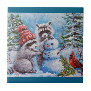 Raccoons, Cardeal, Azulejos Decorativos de Snowman