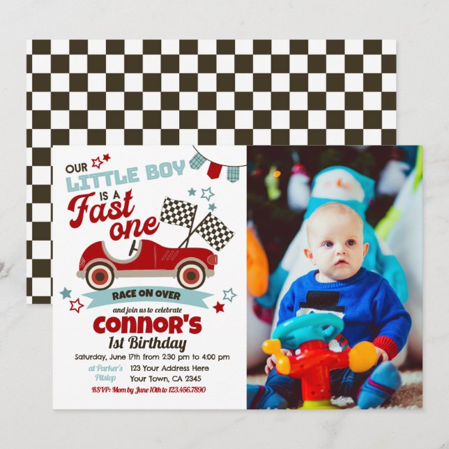 Race Car Themed Convite de festas para segundo ani (Frente/Verso)