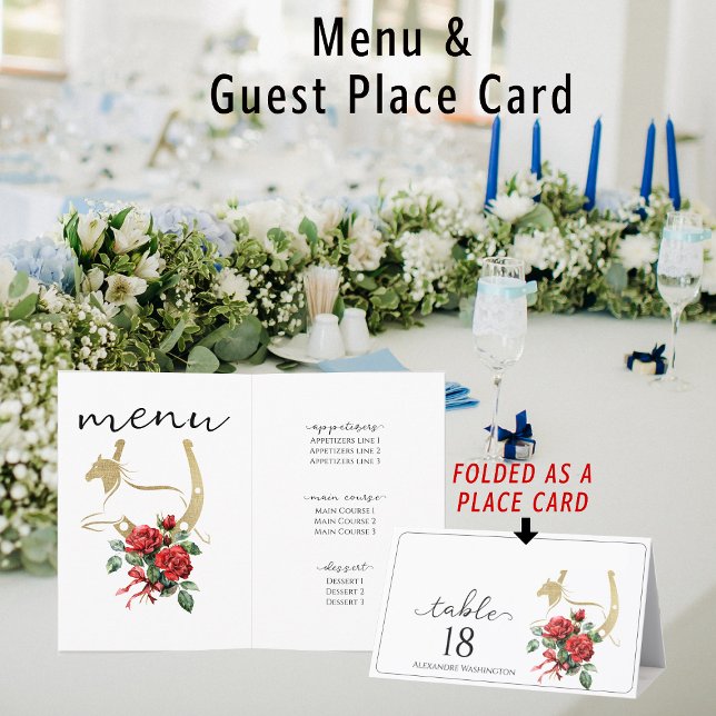 Race Horse Derby Bebe Cartolina Equestre Menu Plac (All in one custom individual guest name place card and menu (foldable))