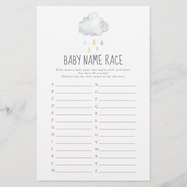 Rain Cloud Boy Chá de fraldas Baby Name Race Game (Frente)