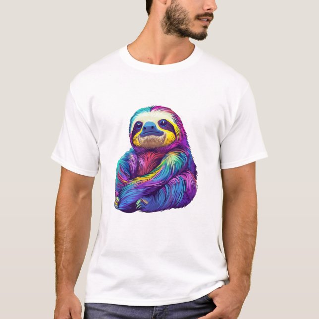 Rainbow Color Sloth Art Long Sleeve T-Shirt (Frente)