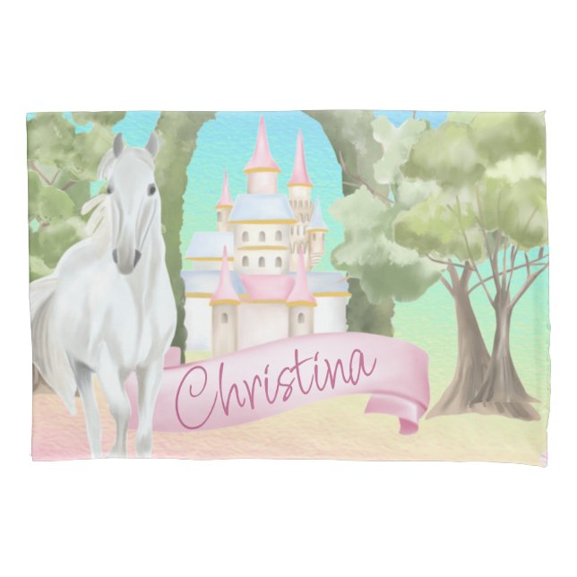 Rainbow Fairy Tale Castle & White Horse Watercolor (Frente)