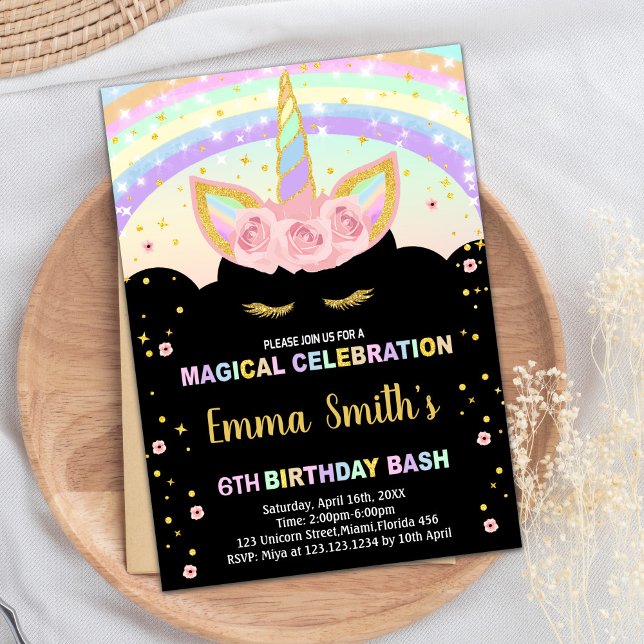 Rainbow Glitter Black Unicorn - Convites de Aniver (Rainbow Glitter Black Unicorn Birthday Invitations)
