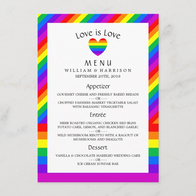 Rainbow Heart Love is Love Wedding Menu (Frente)
