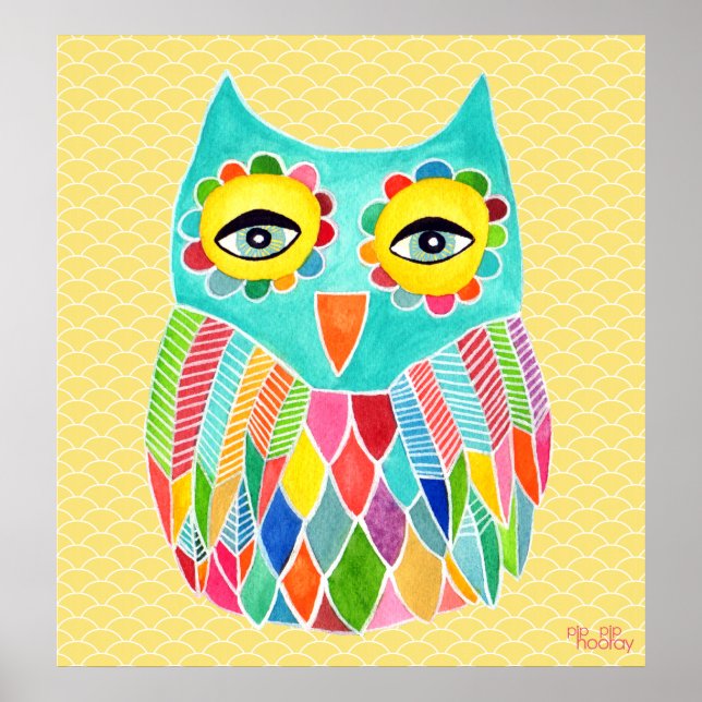 Rainbow Owl Art Girls Room Poster (Frente)