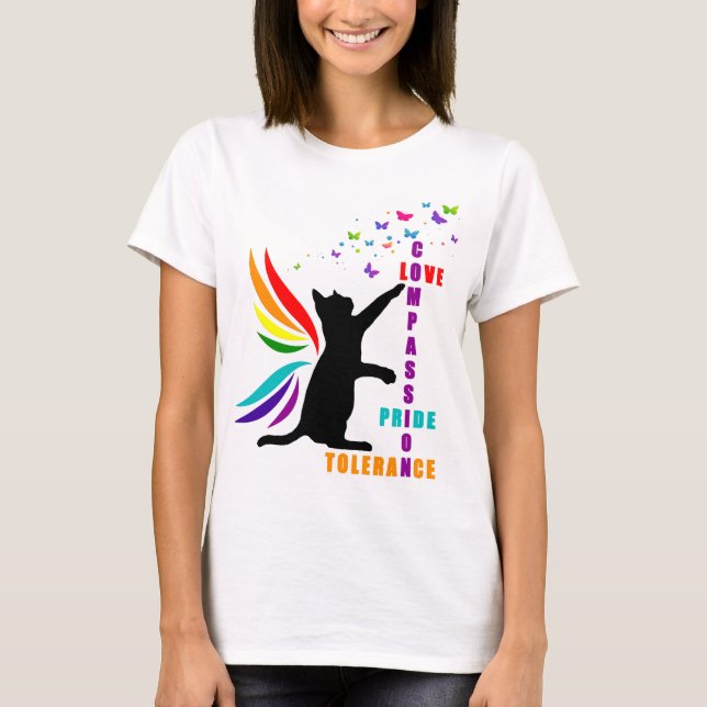 Rainbow Pride Cat e Butterfly Design T-Shirt (Frente)