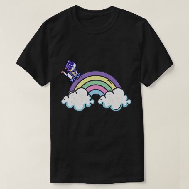 Rainbow Ride: A camiseta de gato skate (Frente do Design)