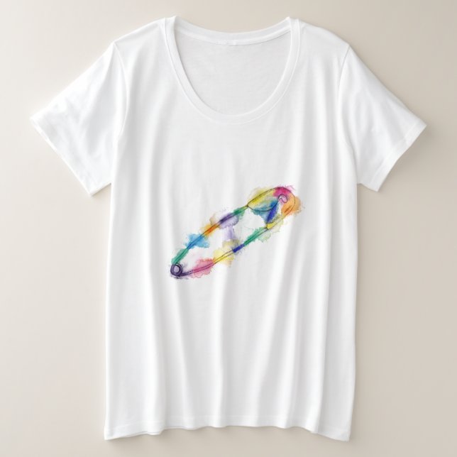 Rainbow Safety Pin Plus Size T-Shirt (Frente do Design)