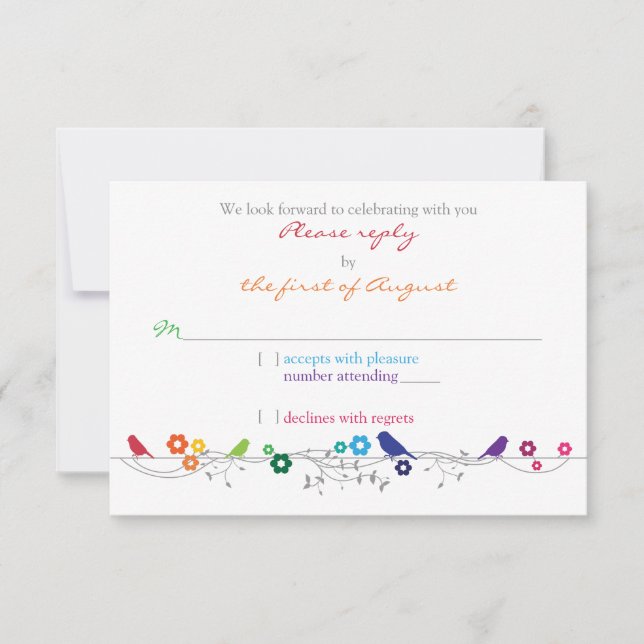 Rainbow Theme Birds Flowers Casamento RSVP Respost (Frente)