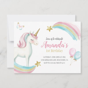 Rainbow Unicorn Birthday Girls Pastel Convite