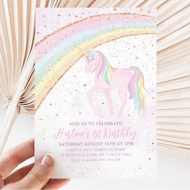 Rainbow Unicorn Birthday Girls Pastel Convite (Criador carregado)