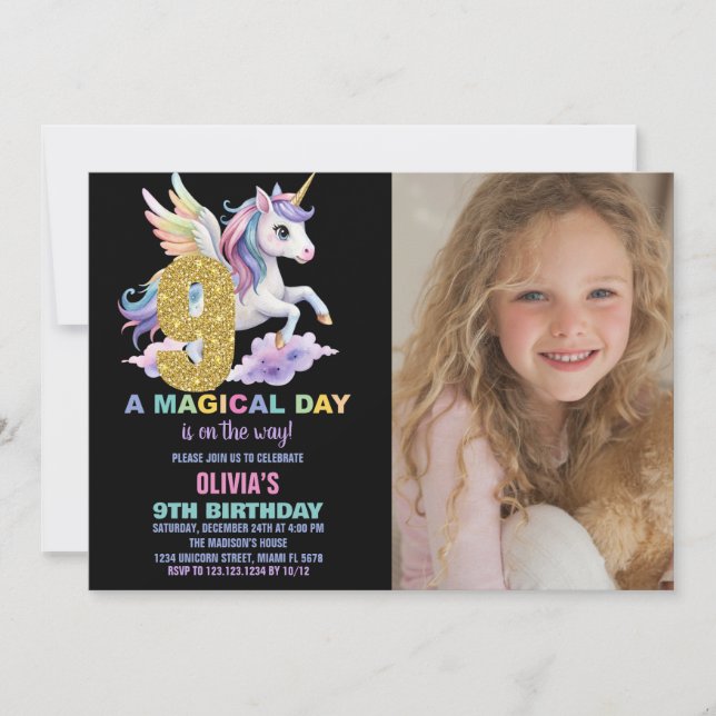 Rainbow Unicorn - Convites de Aniversário com foto (Frente)
