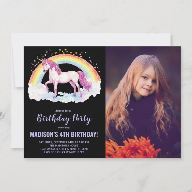 Rainbow Unicorn - Convites de Aniversário com foto (Frente)