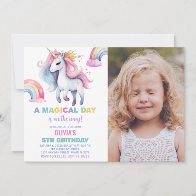 Rainbow Unicorn - Convites de Aniversário com foto (Frente)