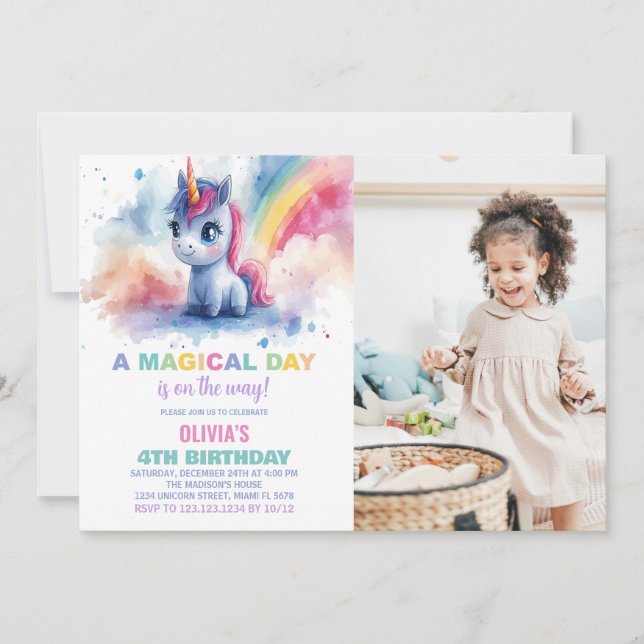 Rainbow Unicorn - Convites de Aniversário com foto (Frente)
