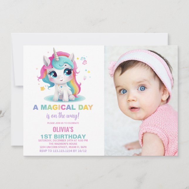 Rainbow Unicorn - Convites de Aniversário com foto (Frente)