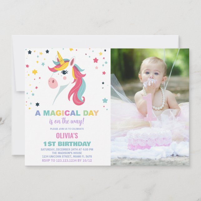 Rainbow Unicorn - Convites de Aniversário com foto (Frente)
